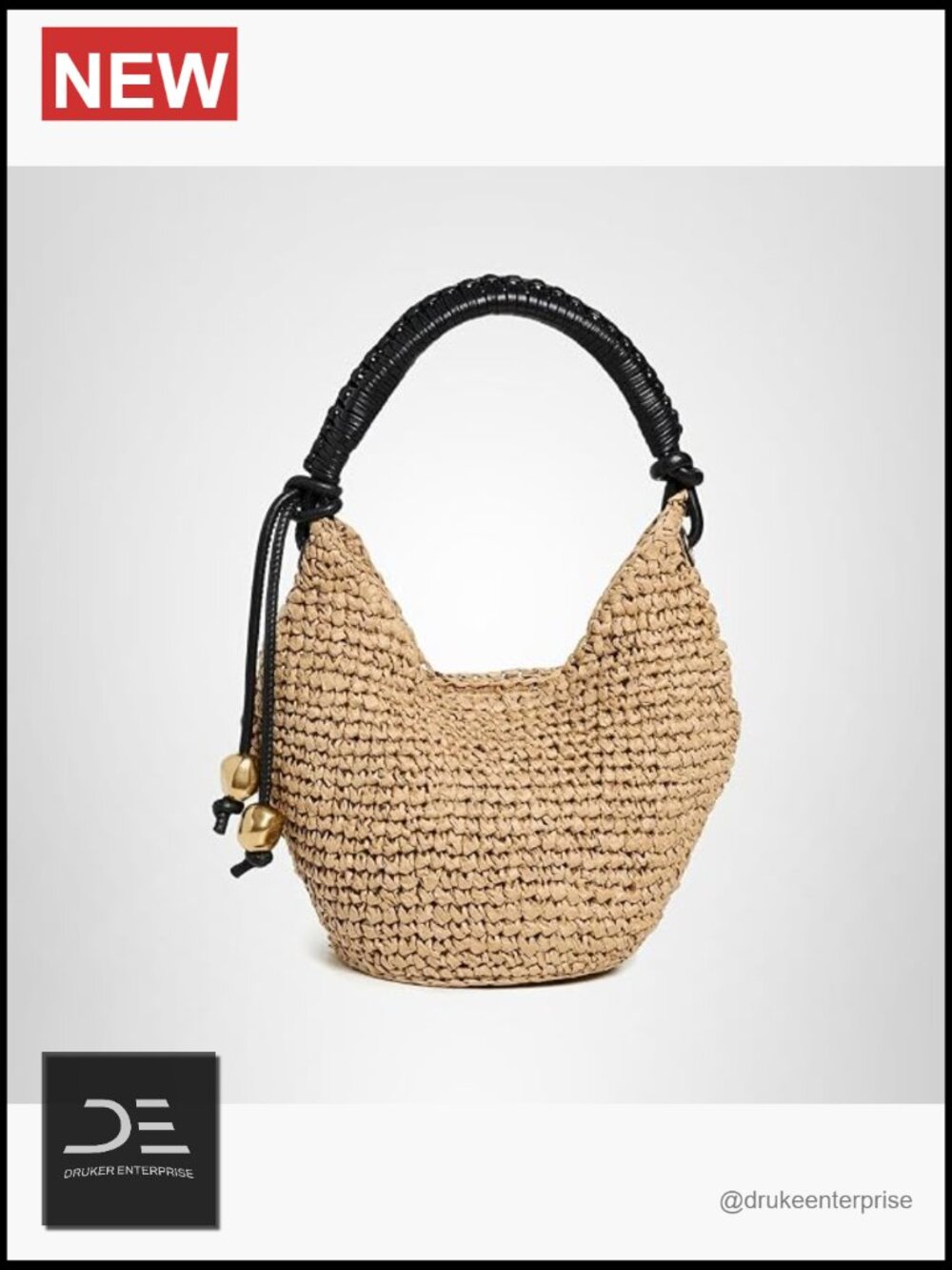 Woven Straw Mini Pouch Shoulder Bag with Gold-Tone Bead Accents - Picture 1 of 7